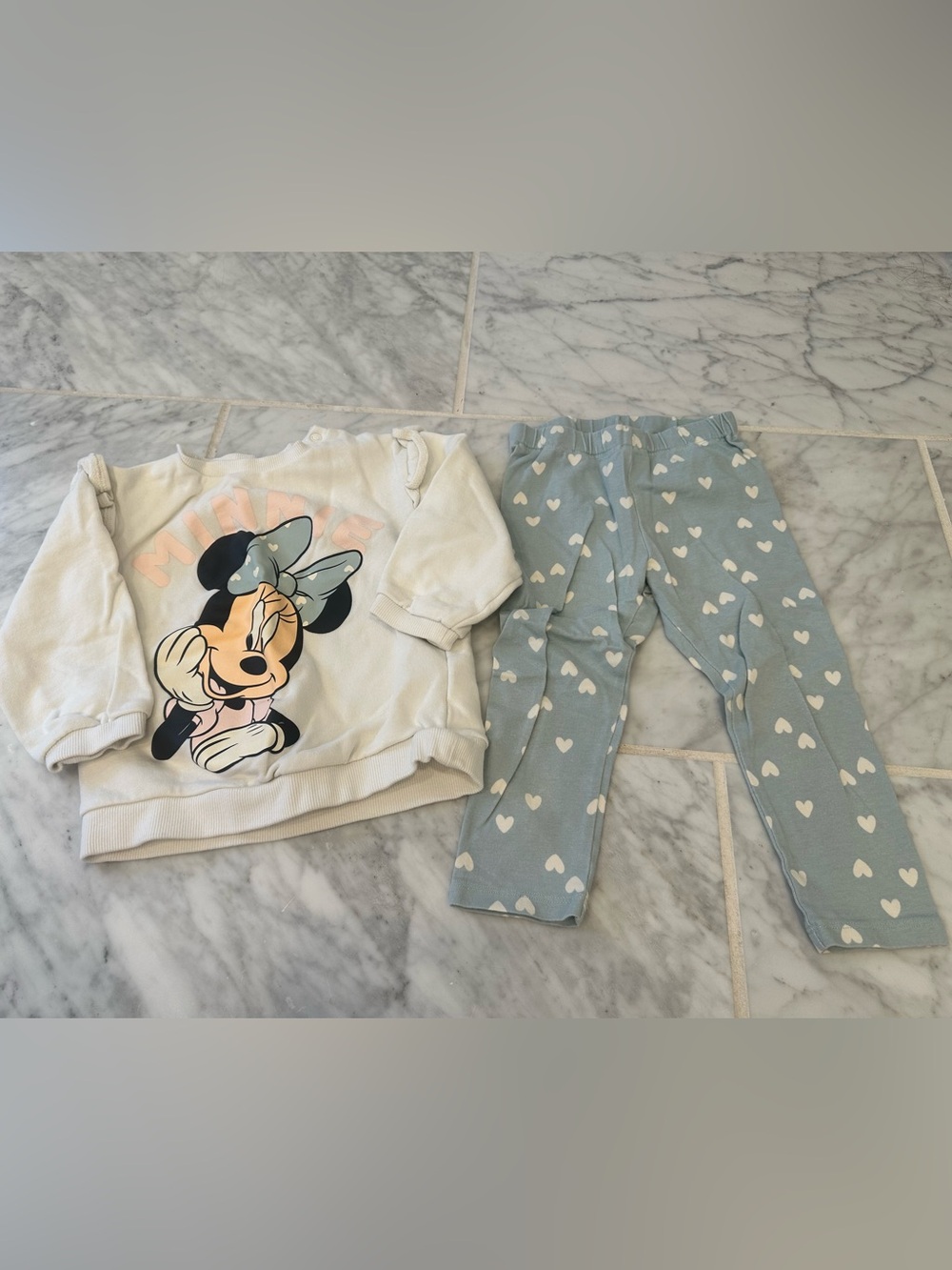 Minnie Mouse Heart Print Outfit Set - Light Blue & Cream